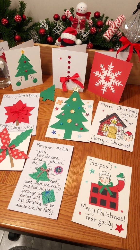 A collection of DIY handmade Christmas cards with colorful designs and decorations on a wooden table.